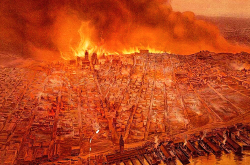 "The Burning of San Fransisco." Painting credited to the San Francisco Public Library - San Francisco History Center.