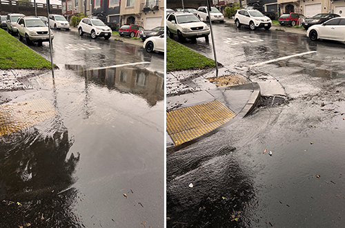 Before and after photo of a storm drain