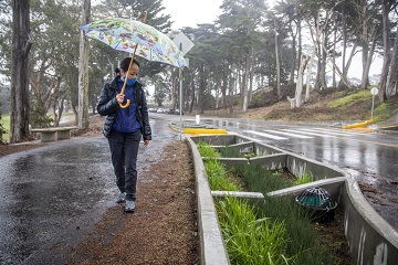 woman with umbrella walking along path