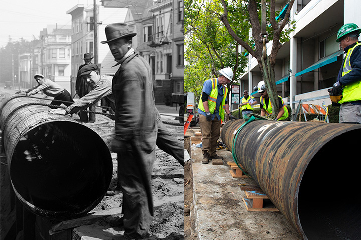 Side by side shot of a black and white photo showing a large water pipe from 1926 next to a color image of the same work done in 2019