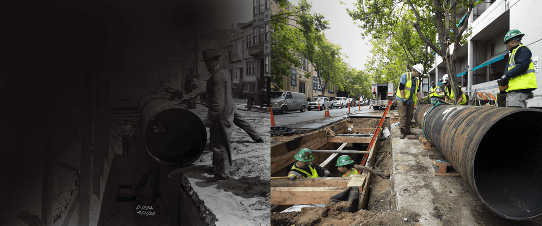 Laying sewer pipes in 1926 (black and white) next to current day work.
