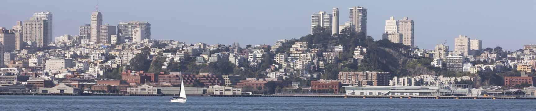 Telegraph Hill neighborhood and waterline in San Francisco skyline from Marin.