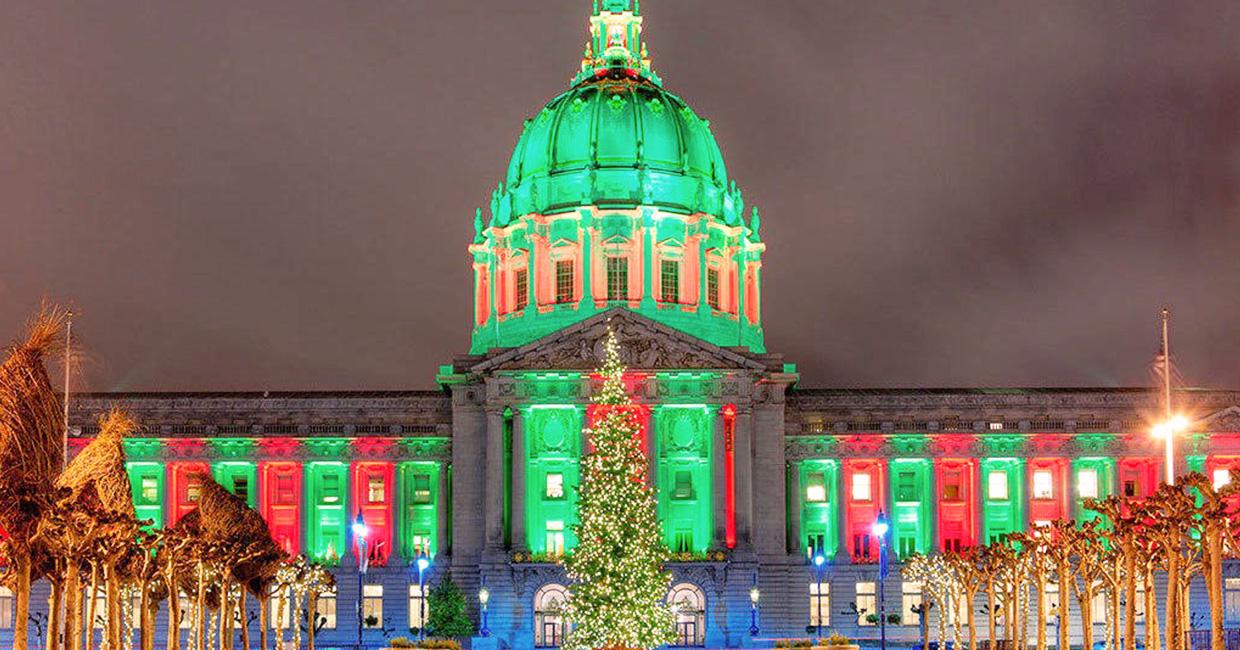 San Francisco City Hall and skyline at night - holiday colors