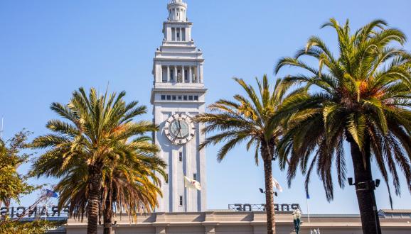 View of San Francisco Ferry Building along the Embarcadero.