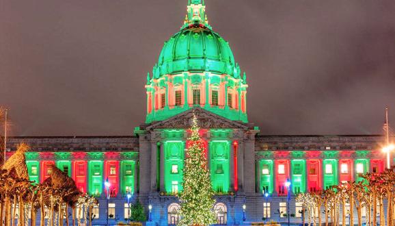 San Francisco City Hall and skyline at night - holiday colors